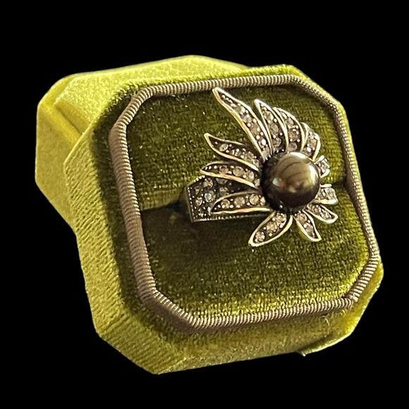 Heidi Daus Ring Sublime Star Size 7 Signed Faux Black Pearl Swarovski Crystal - Picture 7 of 7